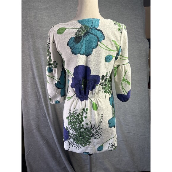Anthropologie Deletta Haru S Floral Tunic Top Blue Green Puff Sleeve Mid Mod MCM - Picture 5 of 15